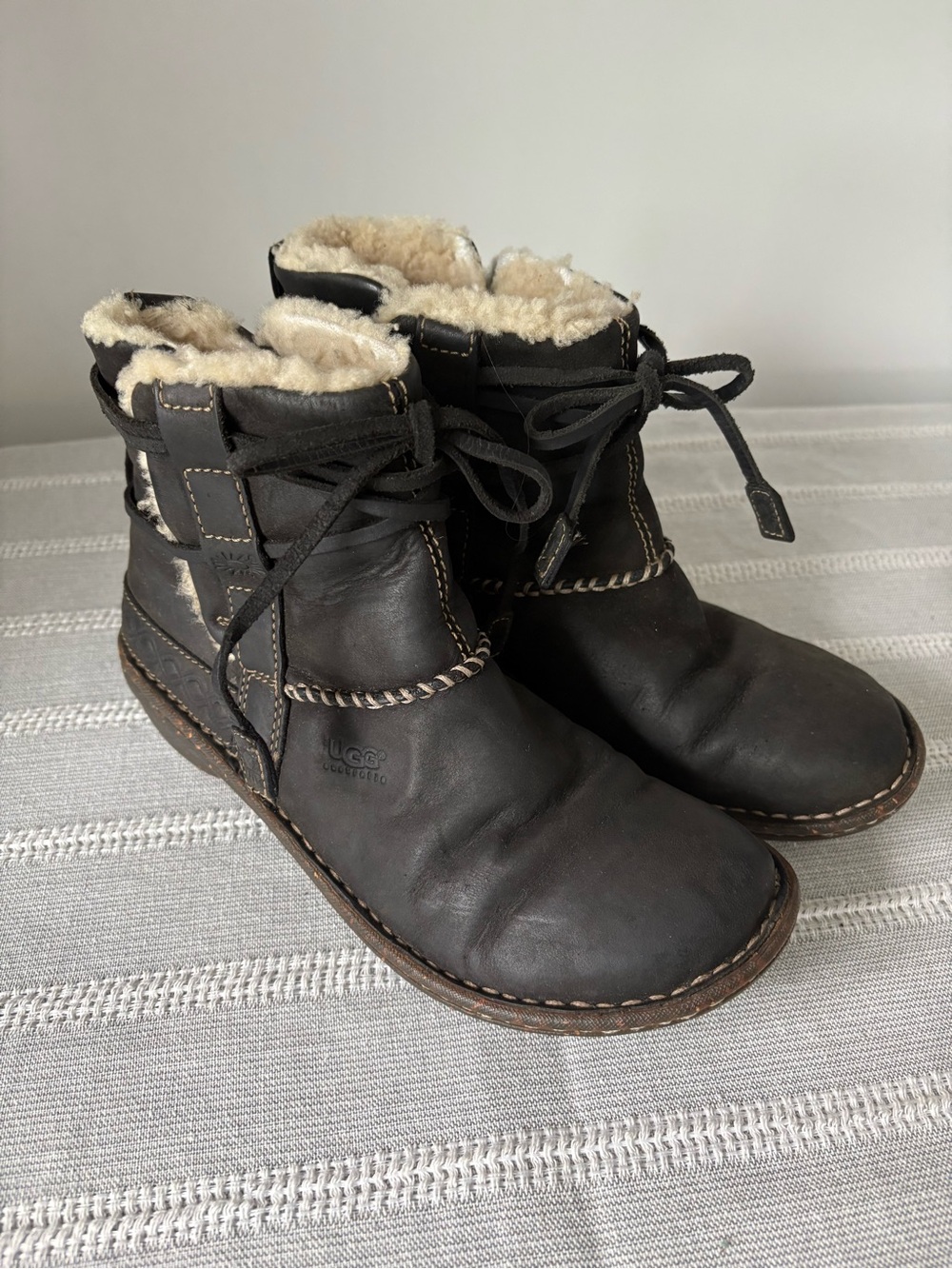 UGG Black Leather Shearling-Lined Lace Ankle Boots